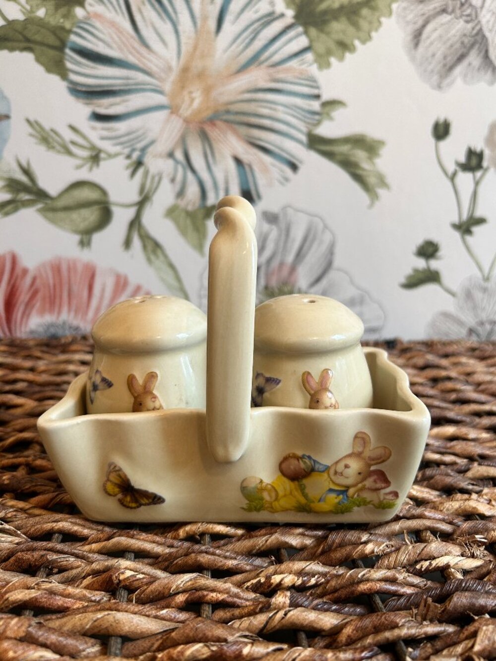 Bunny Salt and Pepper Shaker Set with Ceramic Basket Caddy Easter Cottage Decor
